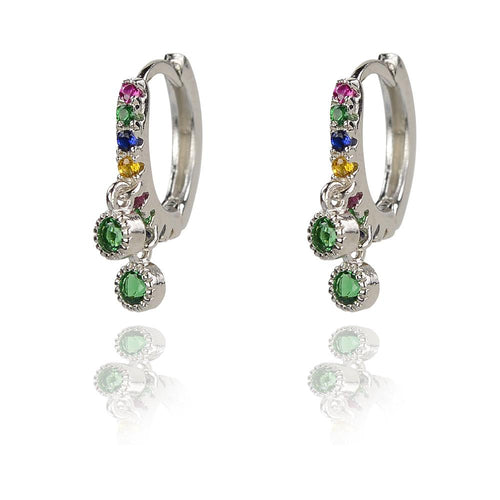 Rhodium Multi Multi Huggies with green drops Earrings - Inspirit Designs