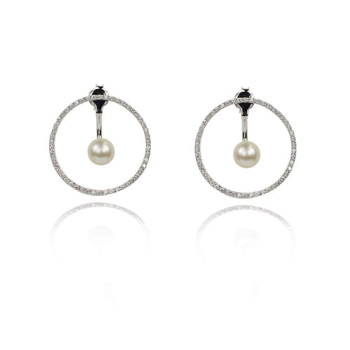 Rhodium Round Pearl and Cubic Zirconia Earrings - Inspirit Designs